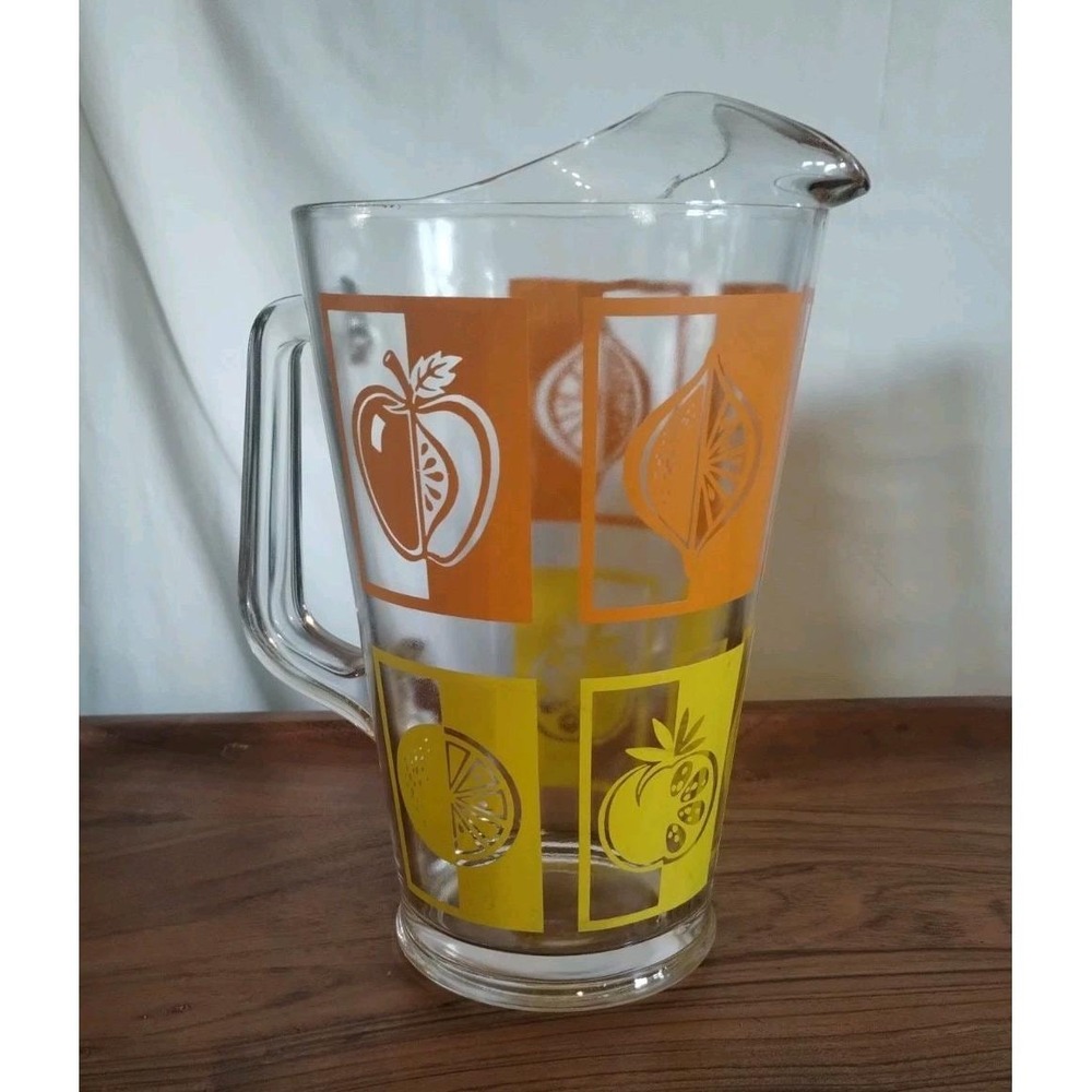 Mid Century Retro 10" Glass Lemonade Orange Yellow Fruit Vintage Pitcher